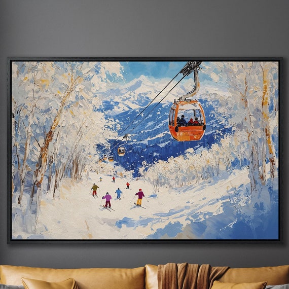 Ski Sports Framed Art Skiing Painting Print Winter Wall Art Living Room Decor Snowy Mountain Landscape Poster Ready To Hang Gift