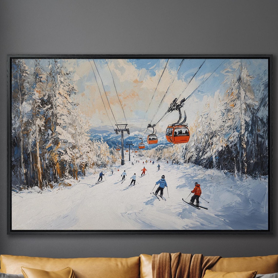 Panoramic Ski Slope with Orange Gondolas and Frosted Trees Poster