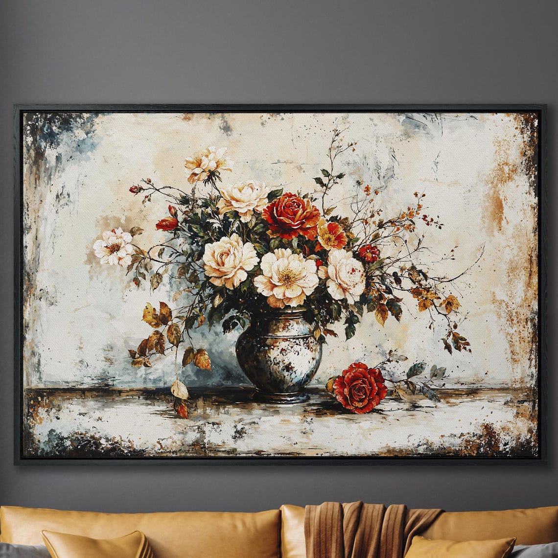 Cream And Red Roses In Vase Vintage Still Life Floral Poster