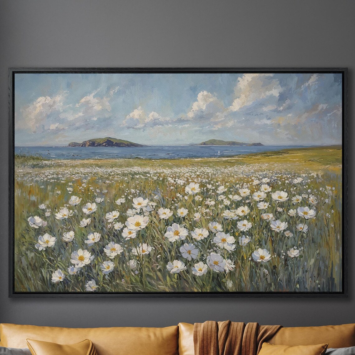 White Wildflower Meadow Overlooking a Calm Coastal Bay Oil Painting Poster