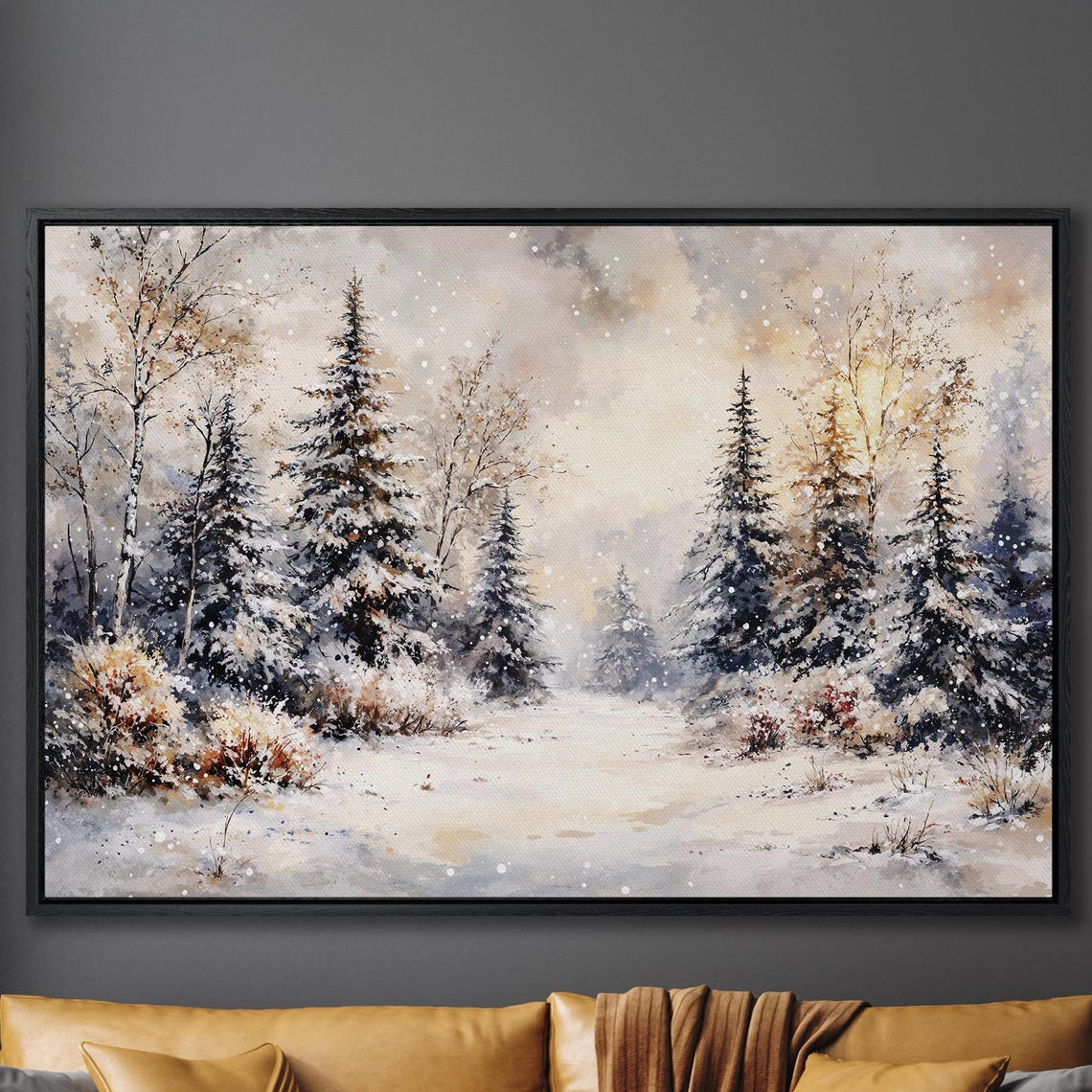 Sunlit Winter Forest With Birch Trees And Falling Snow Poster