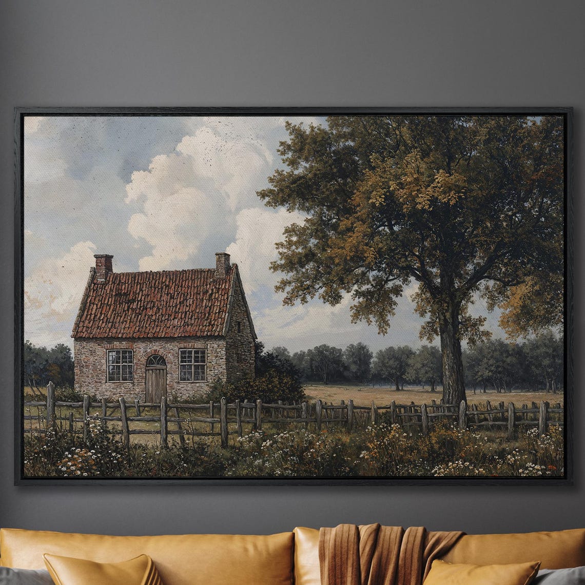 Old Stone Cottage With Red Tile Roof and Rustic Fence Poster