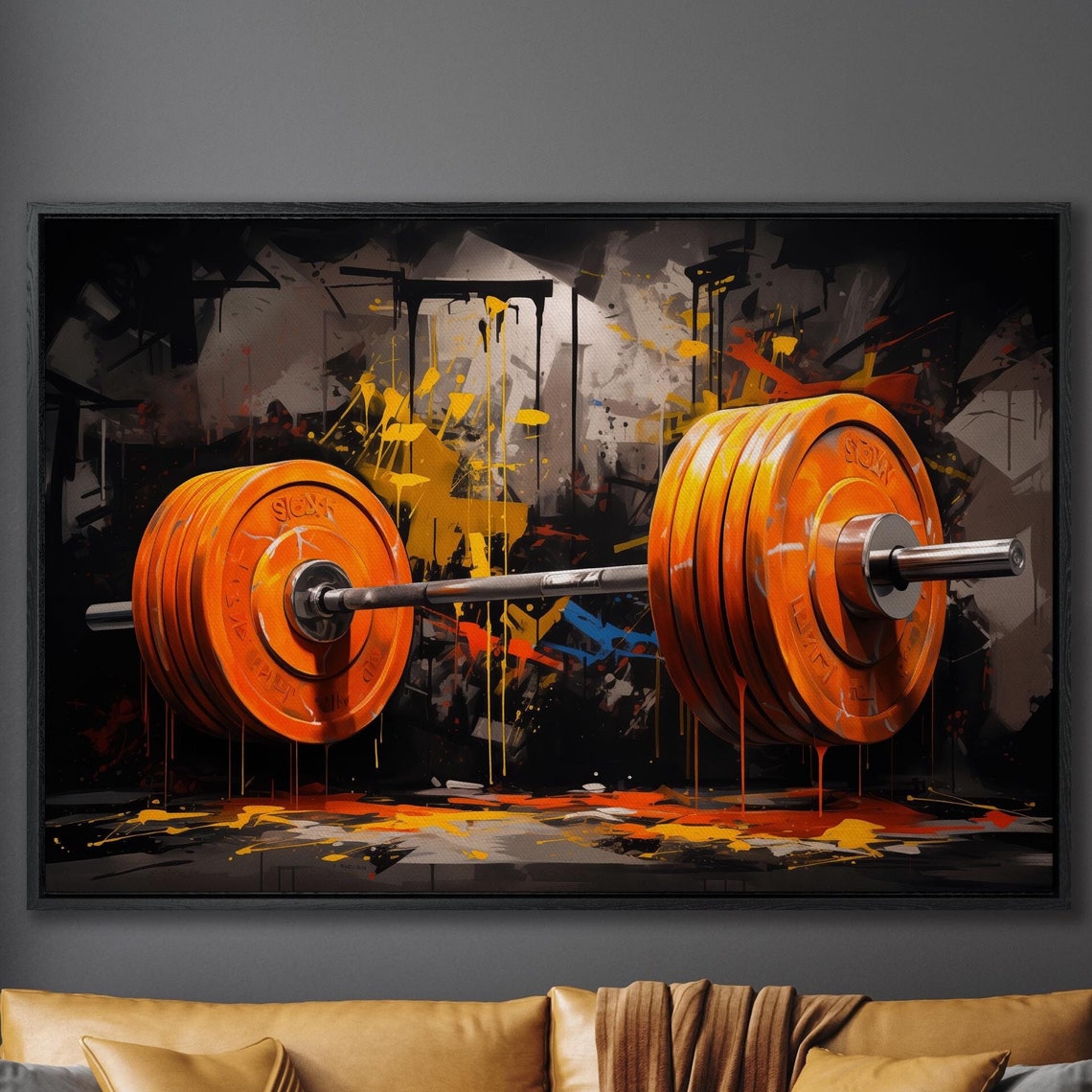 Orange Barbell Graffiti Splash Gym Fitness Motivational Poster