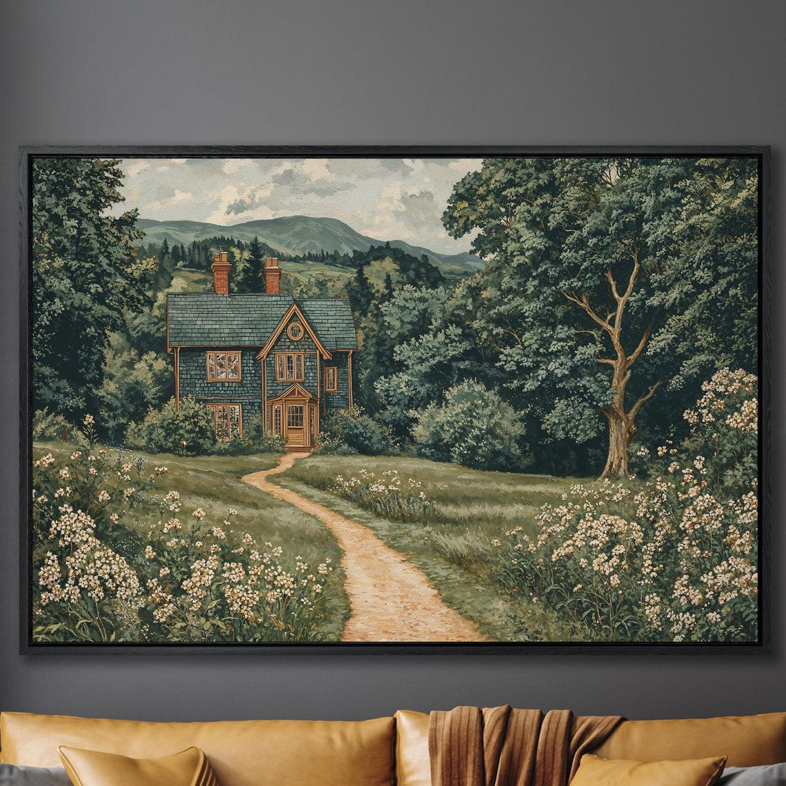 Blue Wooden Cottage In Wildflower Meadow Country Landscape Poster