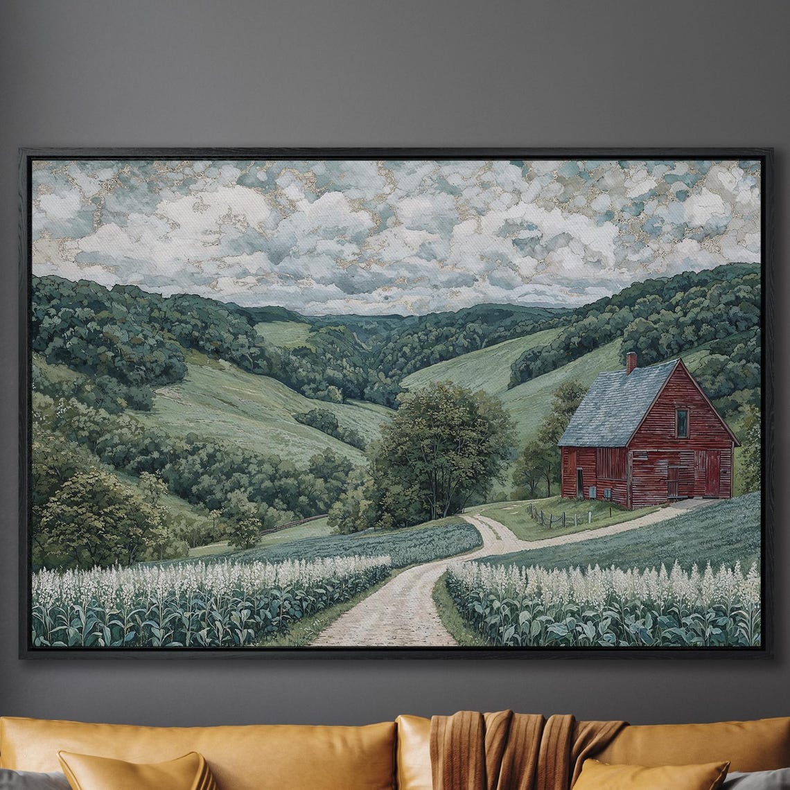 Red Barn On Country Road Among Rolling Green Hills Countryside Poster