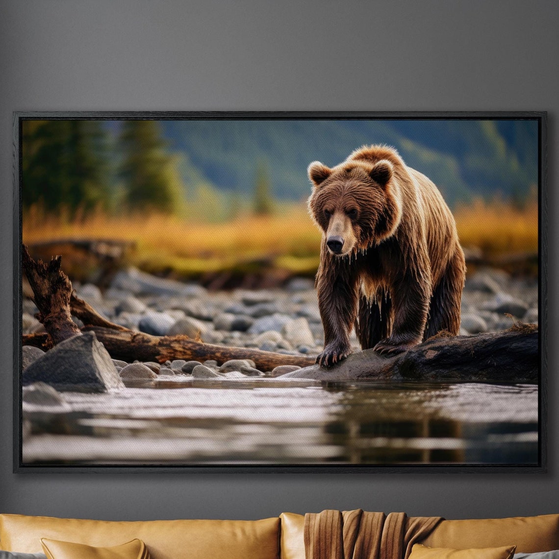 Brown Bear at Mountain River Wildlife Photography Nature Poster