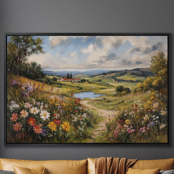 Pastoral Countryside Scene Romantic Landscape Framed Print Mountain Vista Large Wall Art Rustic Nature Decor Ready To Hang