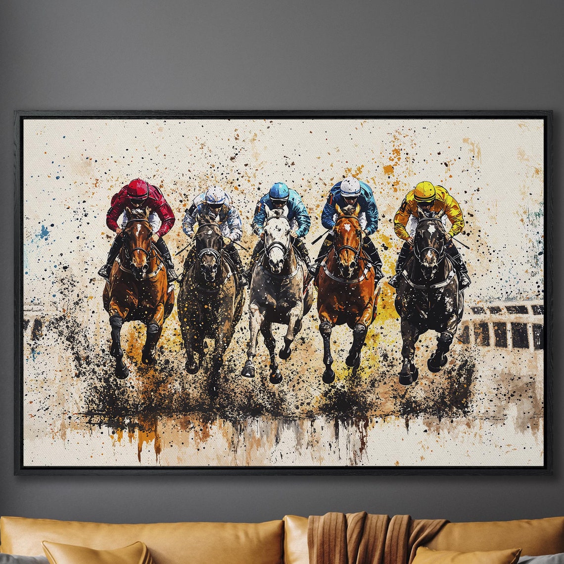 Five Racehorses and Jockeys Charging Paint Splash Sports Poster