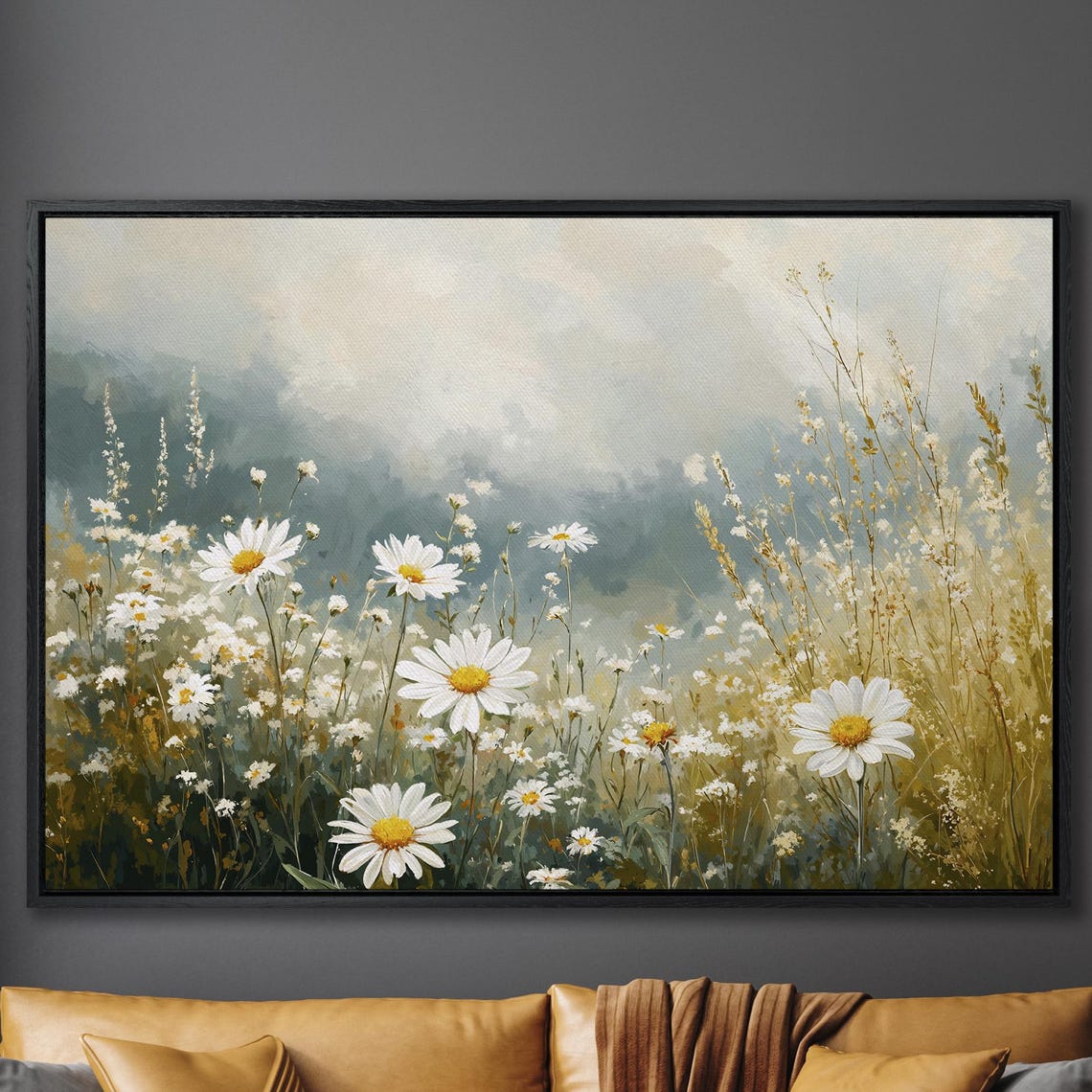 White Daisy Meadow Under a Soft Cloudy Sky Oil Painting Poster