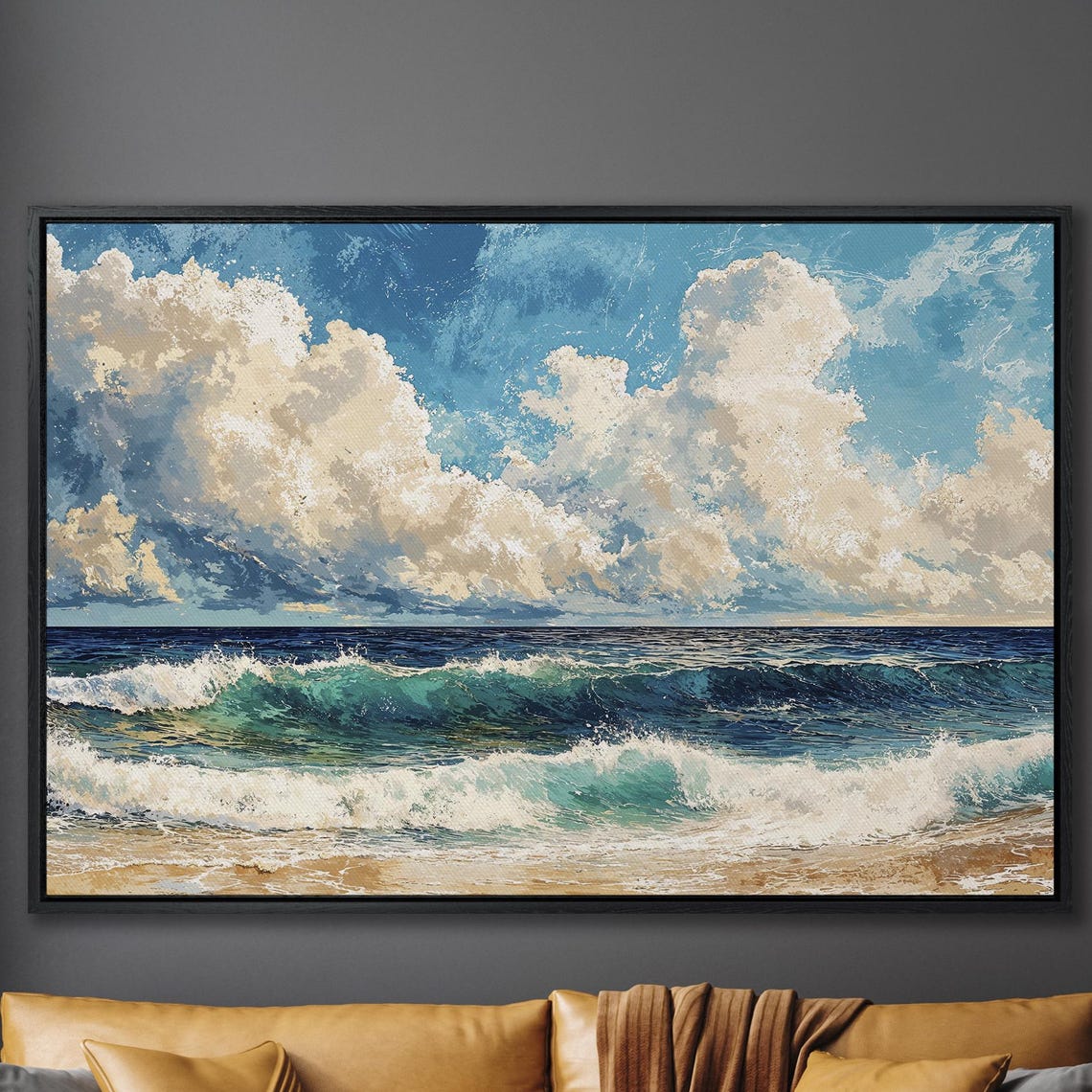 Dramatic Ocean Waves Under Billowing White Clouds Seascape Poster