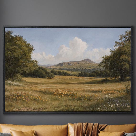 Idyllic Landscape Framed Print Large Wall Art Ready To Hang Countryside Decor With Mountain Nature Scene Ready To Hang Gift Idea