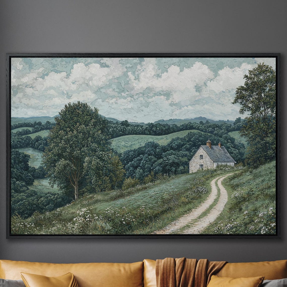 Stone Cottage On Hillside With Winding Dirt Path Landscape Poster