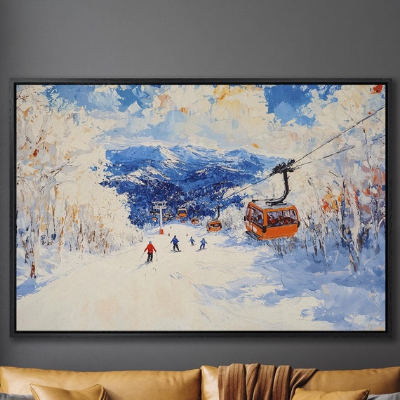 Winter Ski Resort Framed Wall Art Snowy Mountain Scene Painting Print Skiing Wall Decor Snow Sports Art Poster Ready To Hang Gift