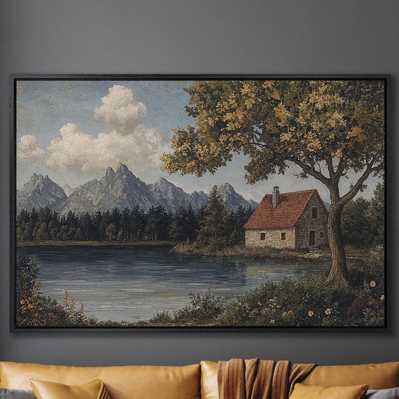 Rural Mountain Lakeside Cottage Serene Landscape Framed Print Large Wall Art Rustic Decor Nature Painting Lake House Art Gift