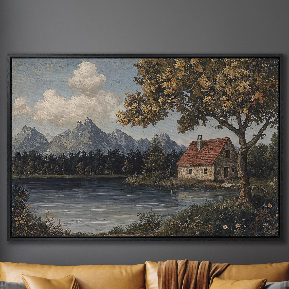 Stone Lakeside Cottage With Mountains Golden Tree Landscape Poster