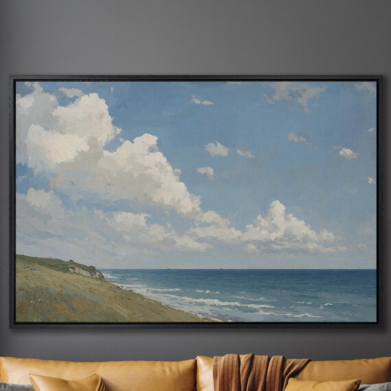 Serene Blue Ocean Seascape Cliffs Coastal Landscape Painting Art Poster