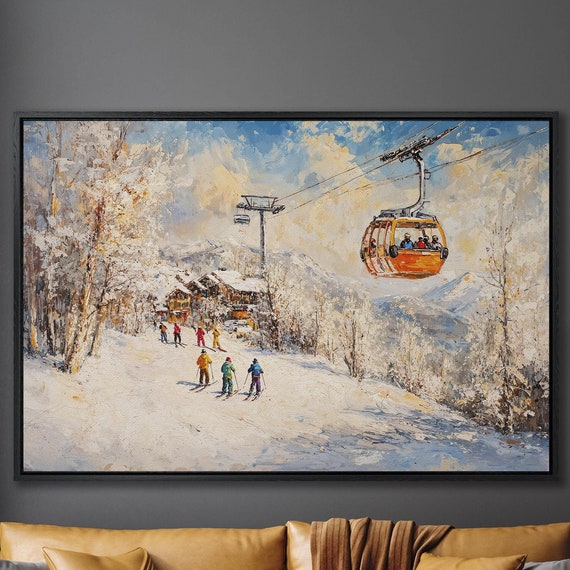 Ski Resort Framed Wall Art Snow Landscape Painting Print Winter Wall Decor Snowy Mountain Scenery Poster Ready To Hang Gift