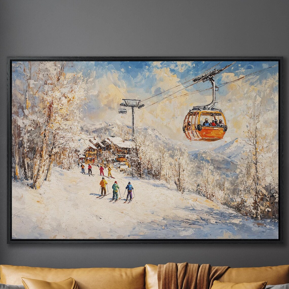 Orange Gondola Above Skiers Near Alpine Village Golden Light Poster