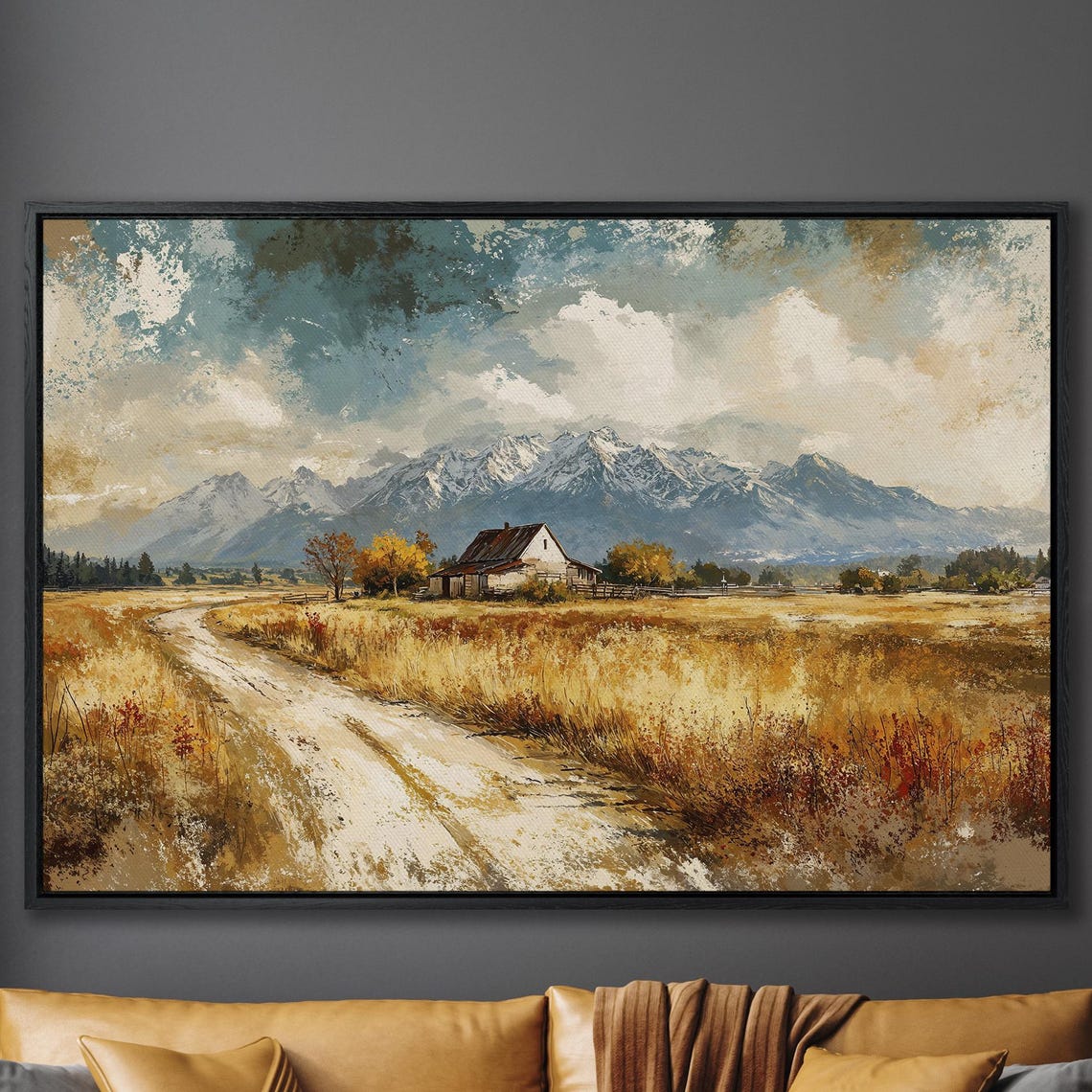 Autumn Barn Path Under Snow-Capped Mountain Landscape Poster