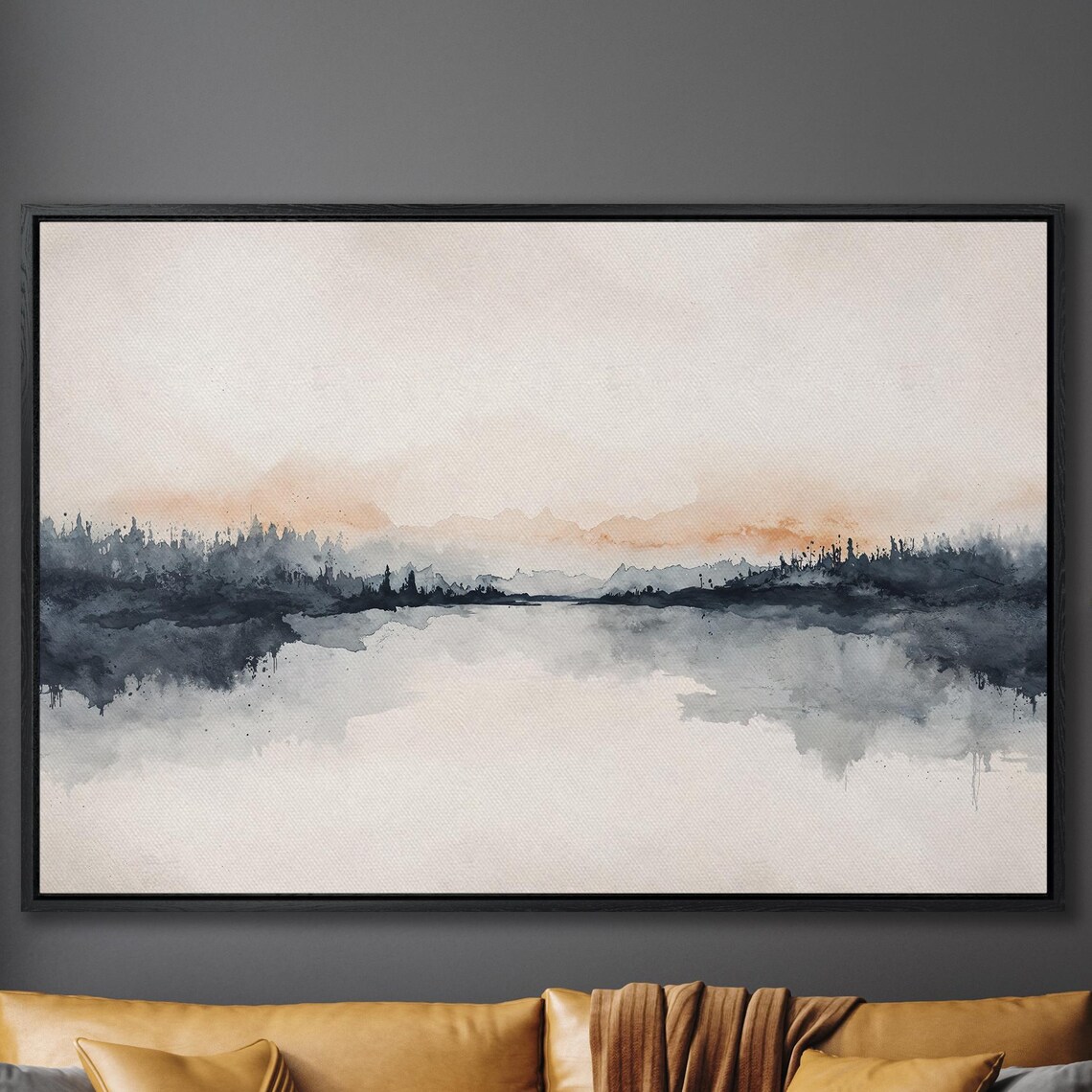 Misty Blue Lake Reflection Watercolor Abstract Landscape Poster