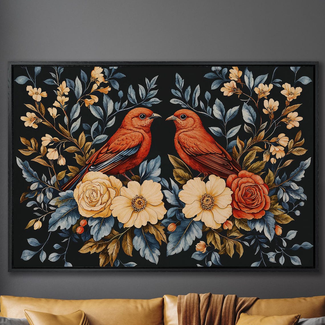 Two Red Birds Among Roses on a Dark Floral Botanical Art Poster