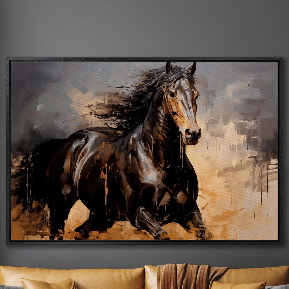 Dark Running Horse Dramatic Oil Painting Equine Equestrian Poster