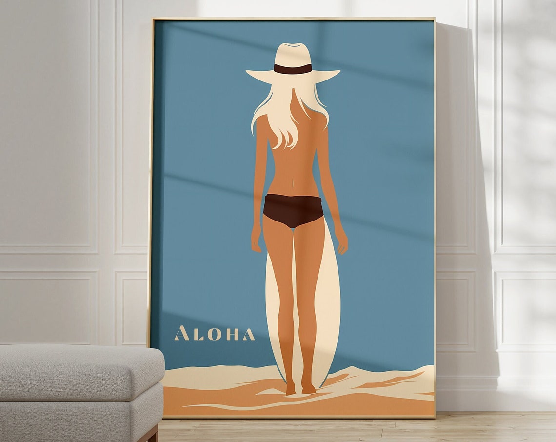 Aloha Surfer Girl Surfboard Beach Sunset Illustration Poster