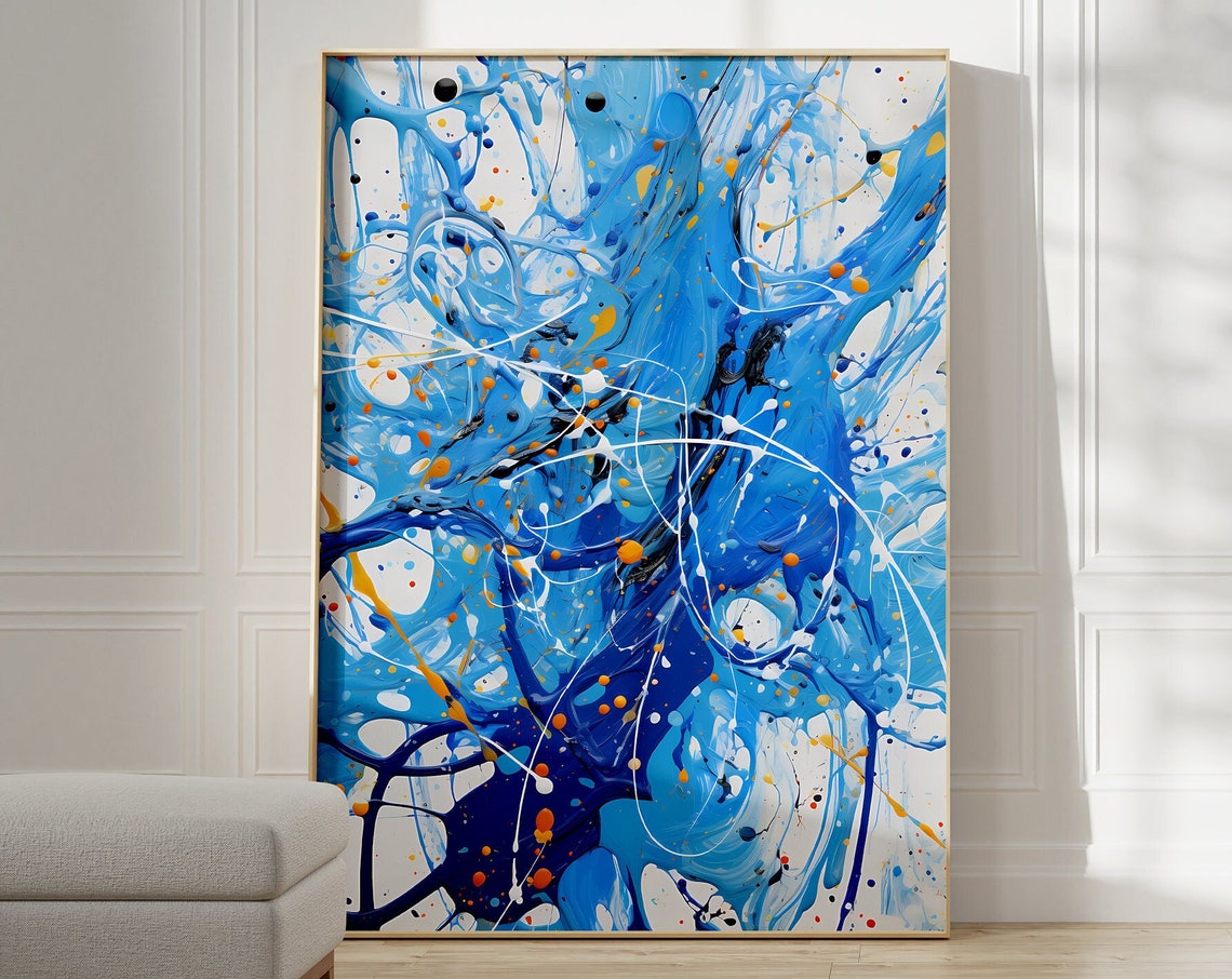 Blue White Orange Dynamic Paint Splatter Abstract Art Poster - Image 6