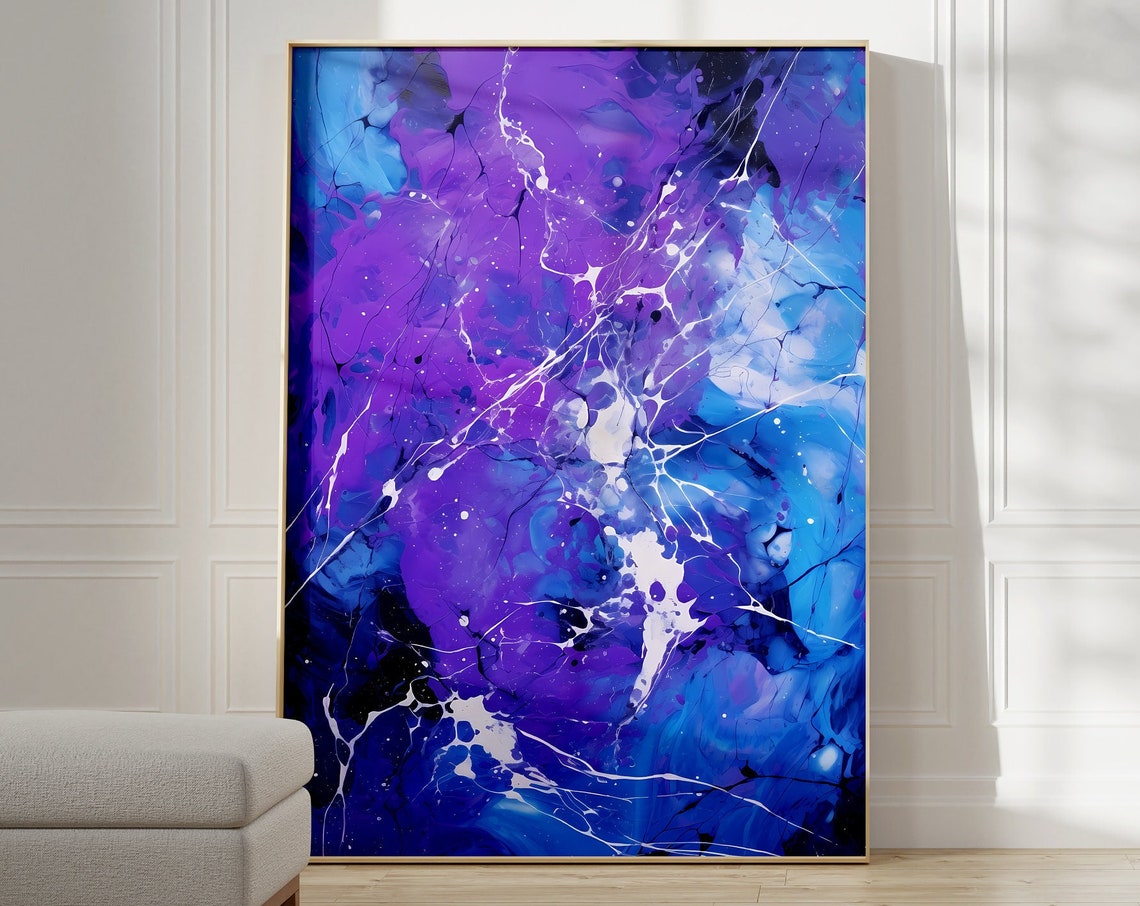 Jackson Pollock Style Purple Blue Marble Ink Abstract Art Poster