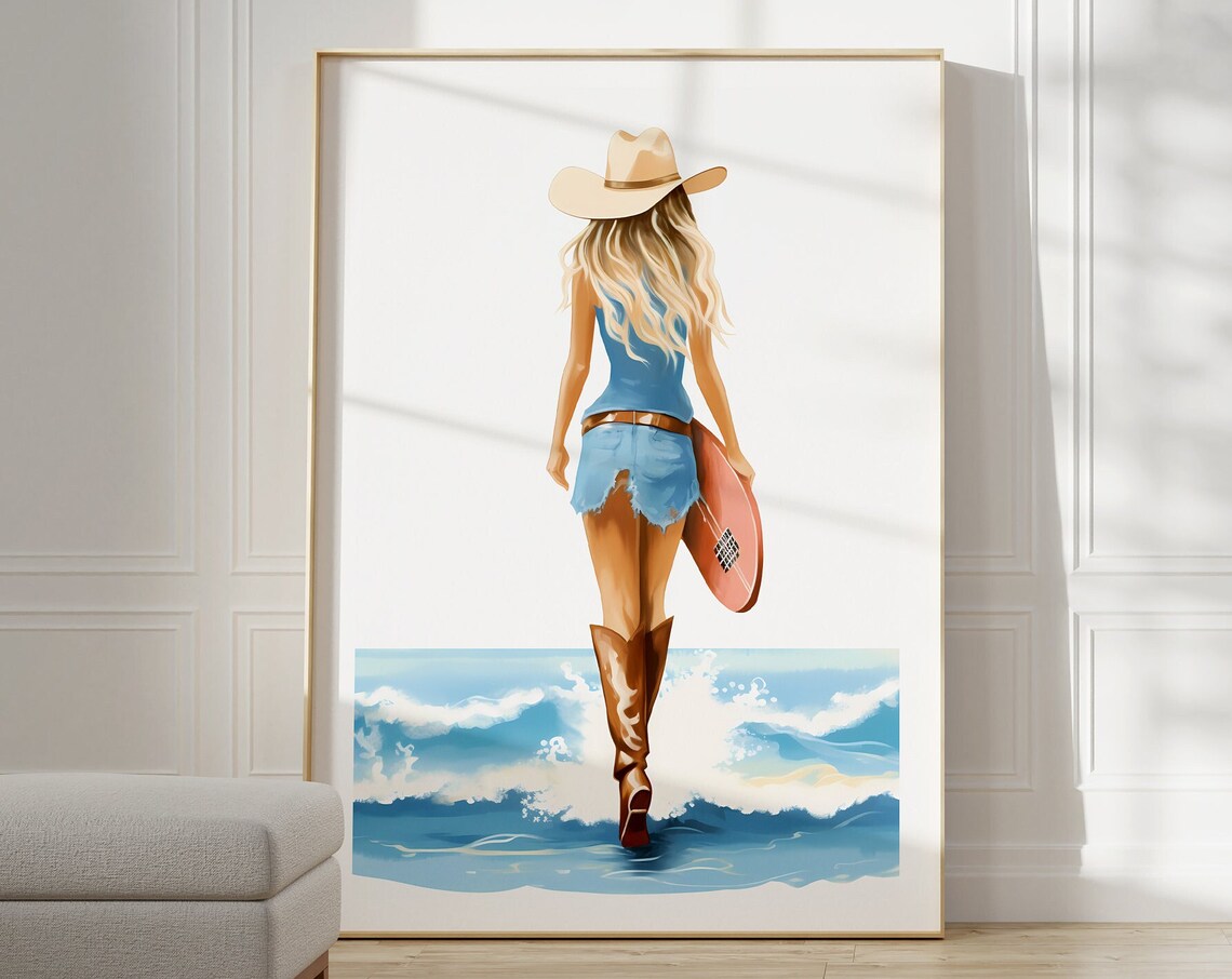 Cowgirl Surfer Girl With Surfboard Walking Into Ocean Waves Poster