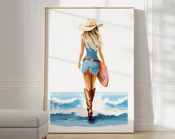 Cowgirl Surfer Girl With Surfboard Walking Into Ocean Waves Poster