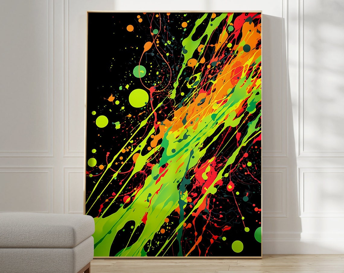 Jackson Pollock Style Neon Green Black Splatter Paint Art Poster