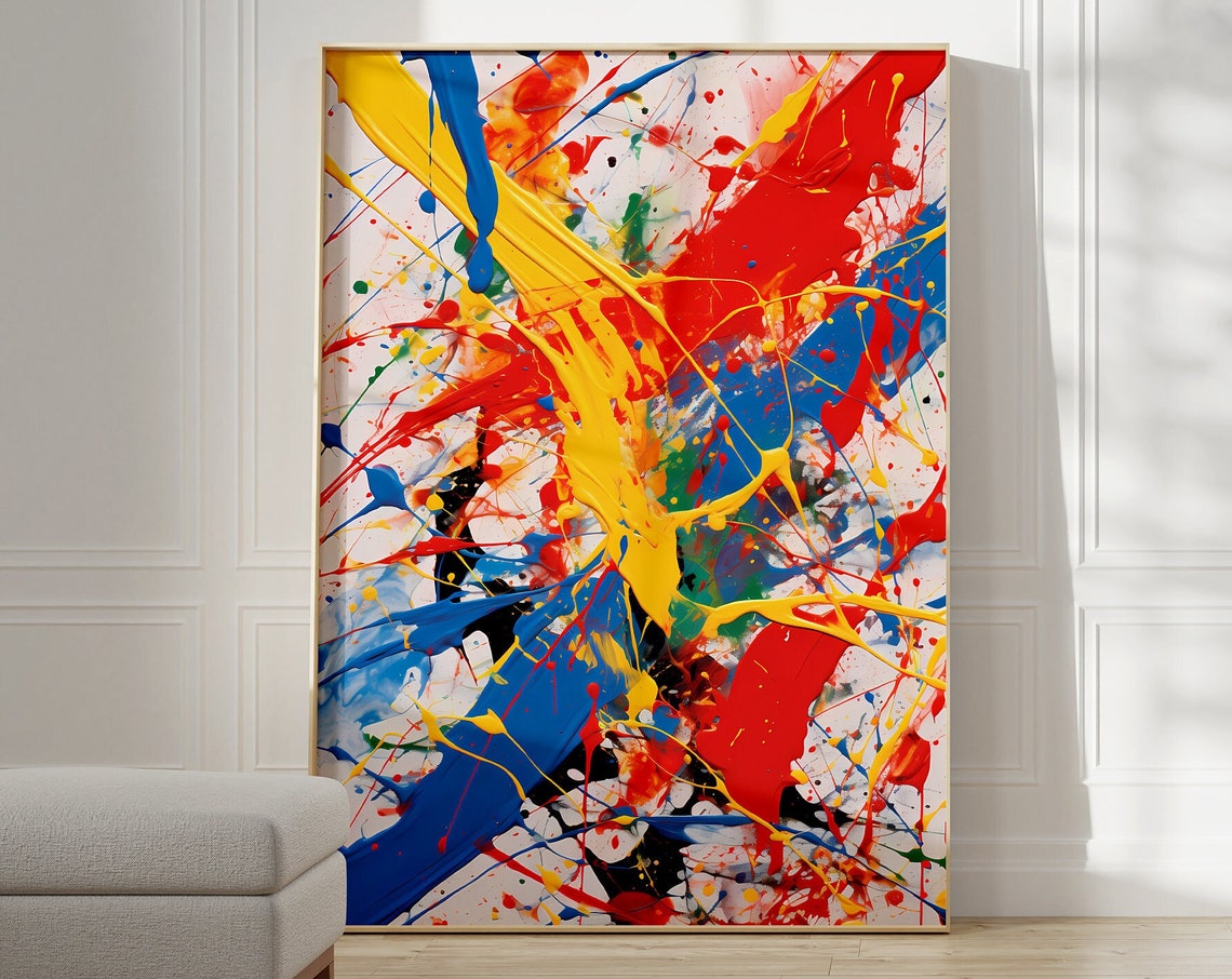 Jackson Pollock Style Bold Red Blue Yellow Drip Abstract Poster