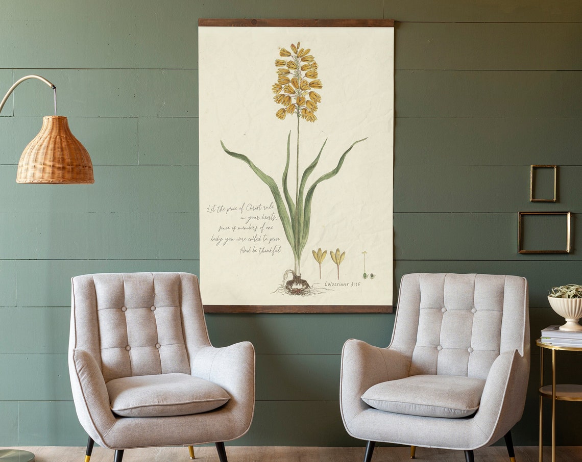 Colossians 3:15 Vintage Botanical Yellow Bloom Scripture Poster