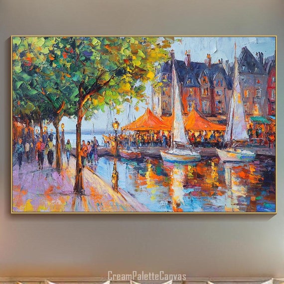 Harbor Scene Oil Painting, Urban Cityscape Art Print