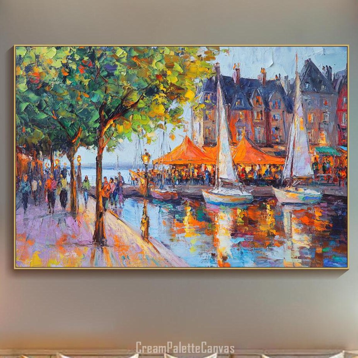Harbor Scene Oil Painting, Urban Cityscape Art Print