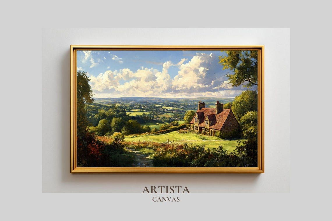 English Countryside Stone Cottage Rolling Hills Painting Poster