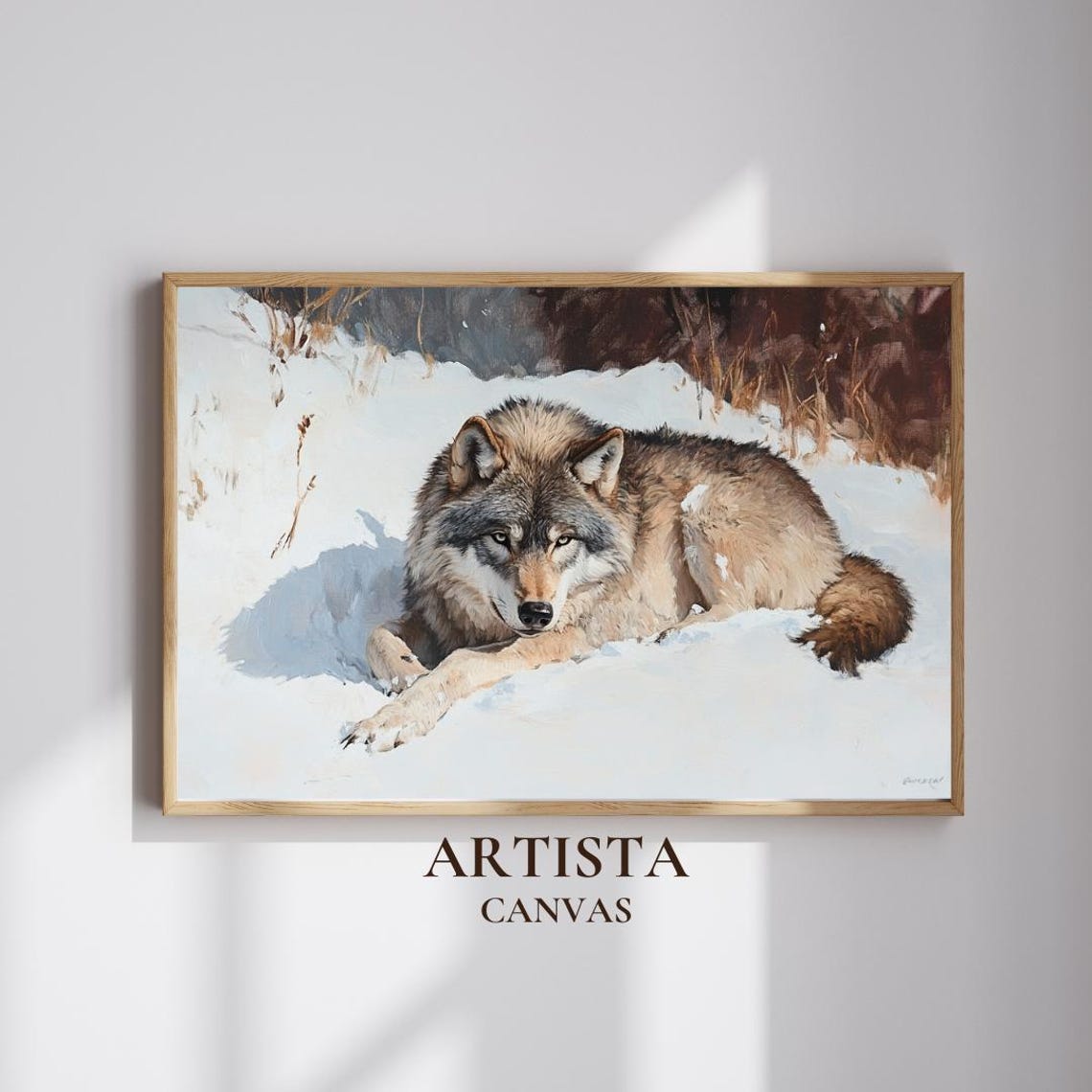 Resting Wolf In Snow Realistic Winter Wildlife Painting Poster