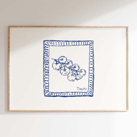 Tomato Vine Blue Ink Botanical Line Sketch Kitchen Wall Poster