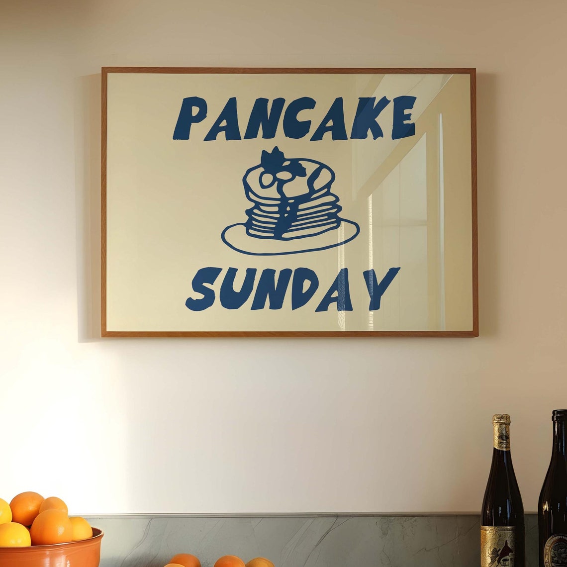 Pancake Sunday Blue Breakfast Stack Bold Retro Kitchen Quote Poster