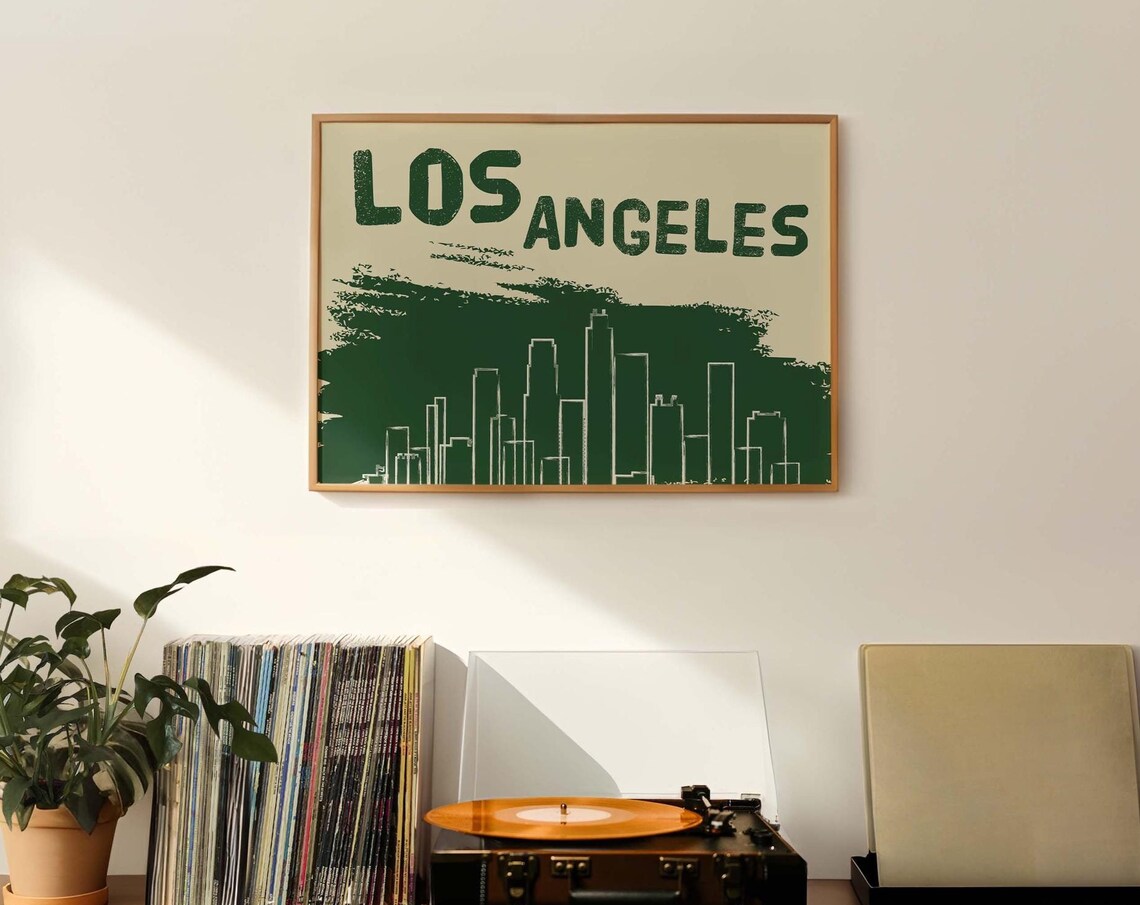 Los Angeles Green Brushstroke City Skyline Urban Travel Wall Poster