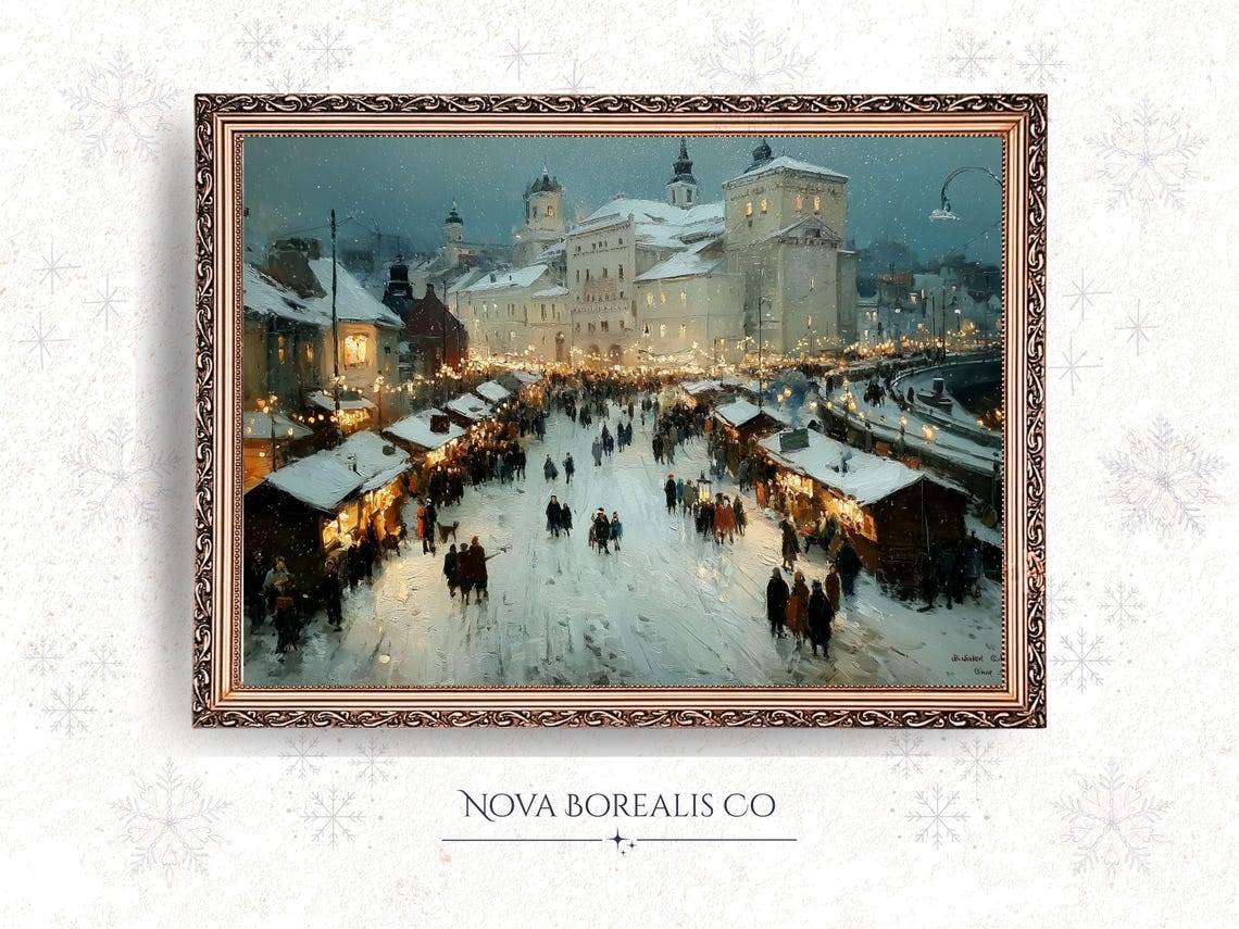 Vintage Christmas Market Snowy Night Crowded Stalls Holiday Wall Art