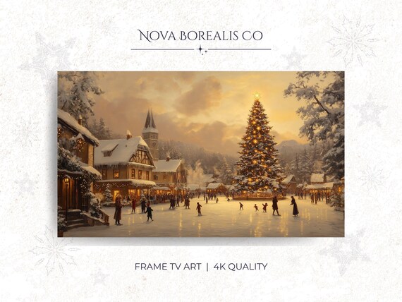 Snowy Christmas Village Poster Golden Tree Church Square Holiday Decor