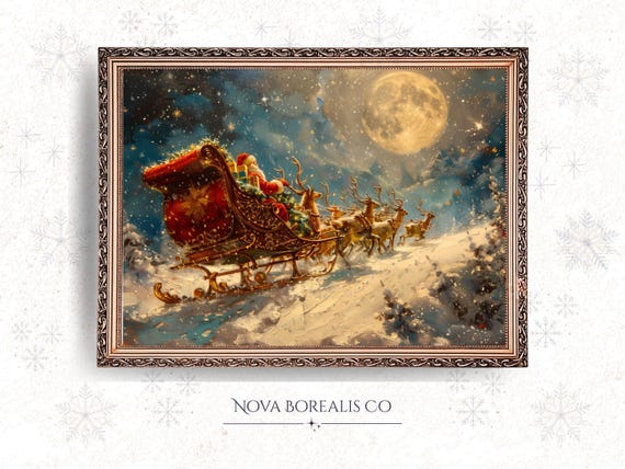 Vintage Santa Claus Print In Ornate Red Sleigh Cozy Festive Illustration Christmas Wall Art Holiday Decor 47