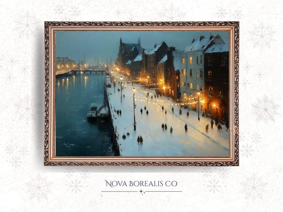 Moody Candlelit Riverside Town Print Cozy Winter Night Scene Vintage Impressionistic Wall Art Romantic Snowy Decor 33