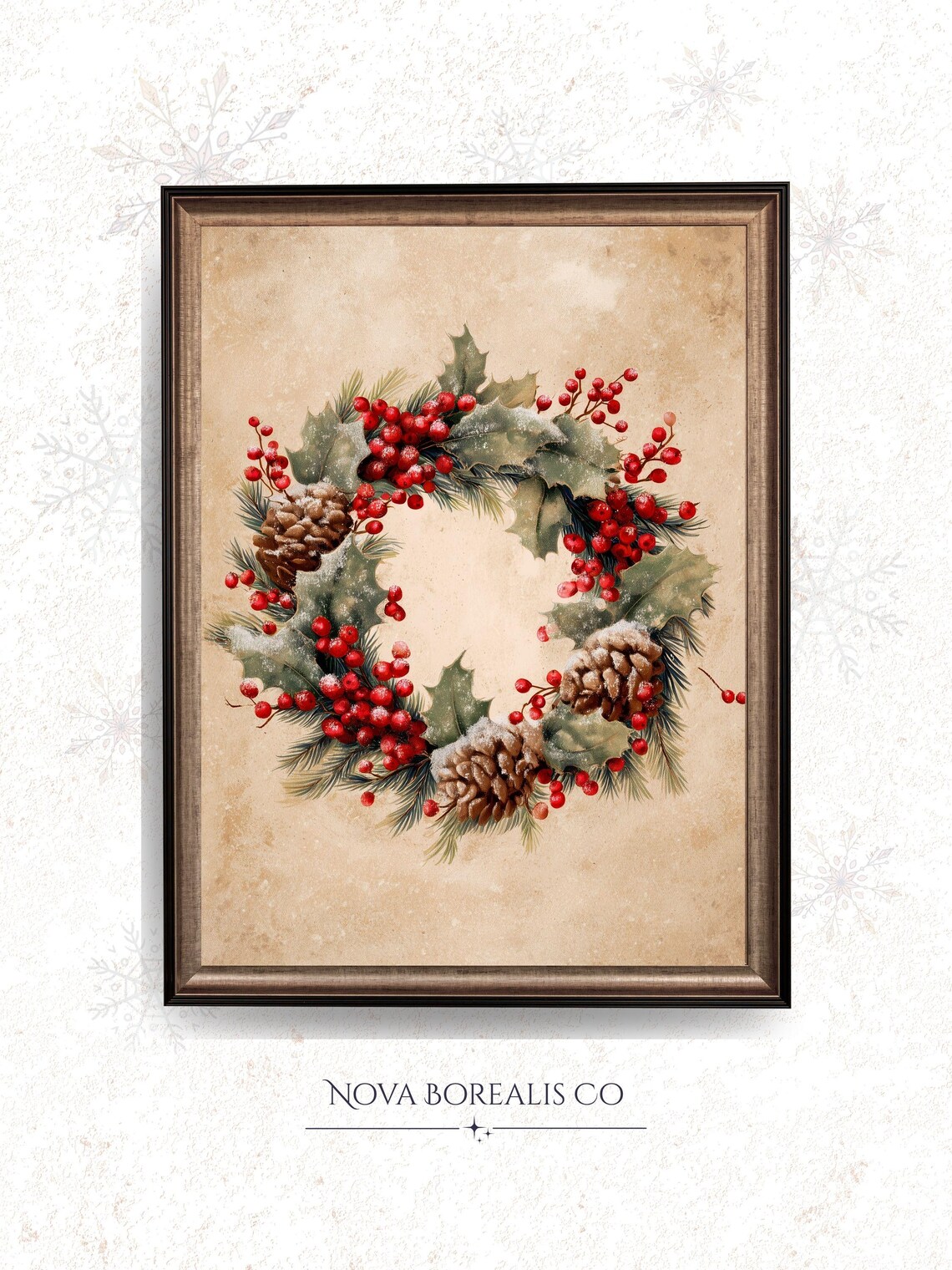 Rustic Christmas Wreath Vintage Holiday Decor Art Print
