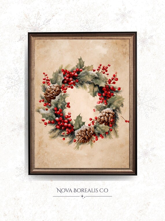 Rustic Christmas Wreath Vintage Holiday Decor Art Print