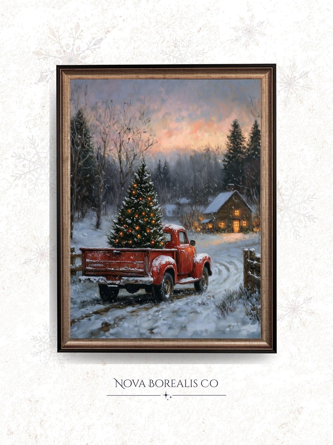 Vintage Red Pickup Truck Christmas Tree Snowy Farmhouse Poster
