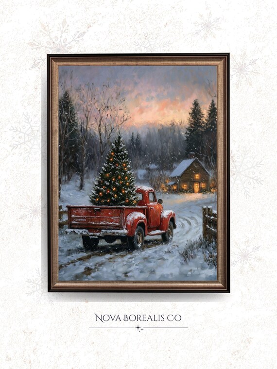 Vintage Red Pickup Truck Christmas Tree Snowy Farmhouse Poster