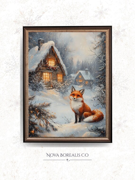 Rustic Red Fox In Snow Print Winter Scandinavian Folklore Art Cozy Snowy Cabin Scene Frosted Evergreen Landscape Instant 126